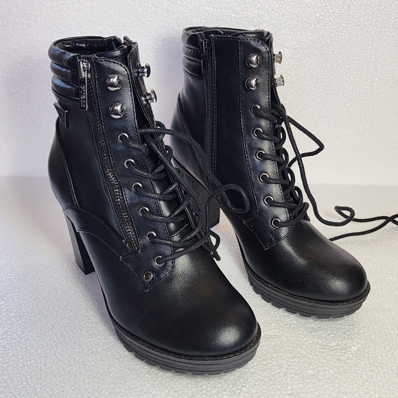 Guess LA Ginette Black Lace-Up High Heel Ankle Boots with Side Zip - Picture 2 of 11